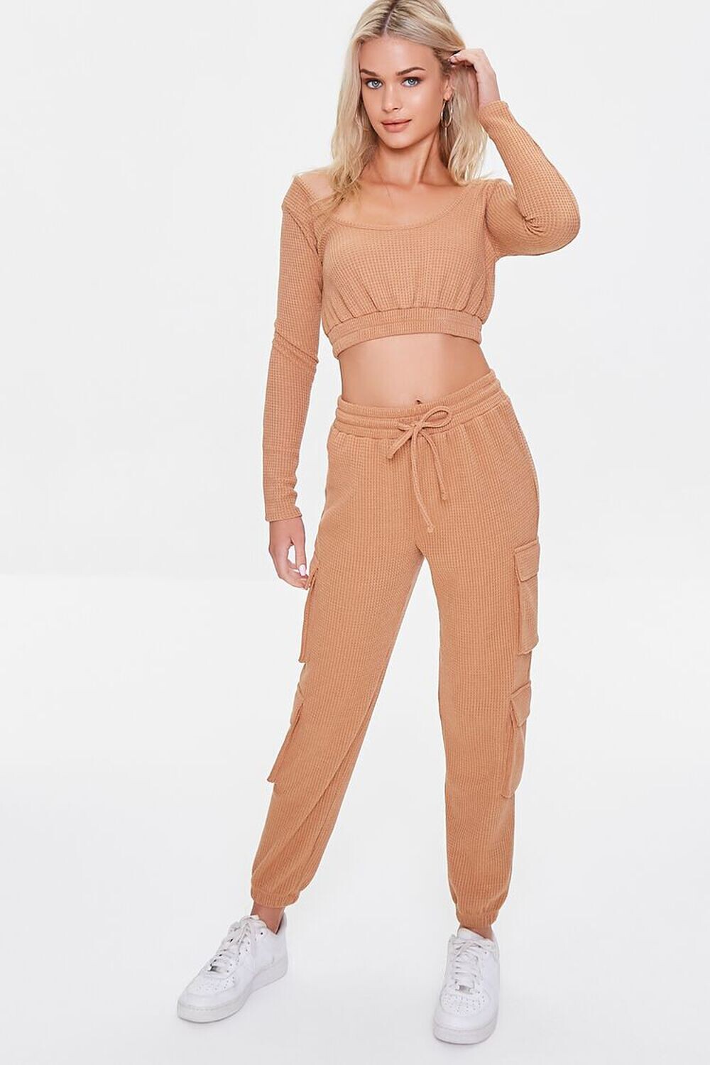 

Джоггеры карго вафельной вязки Forever 21, кэмел
