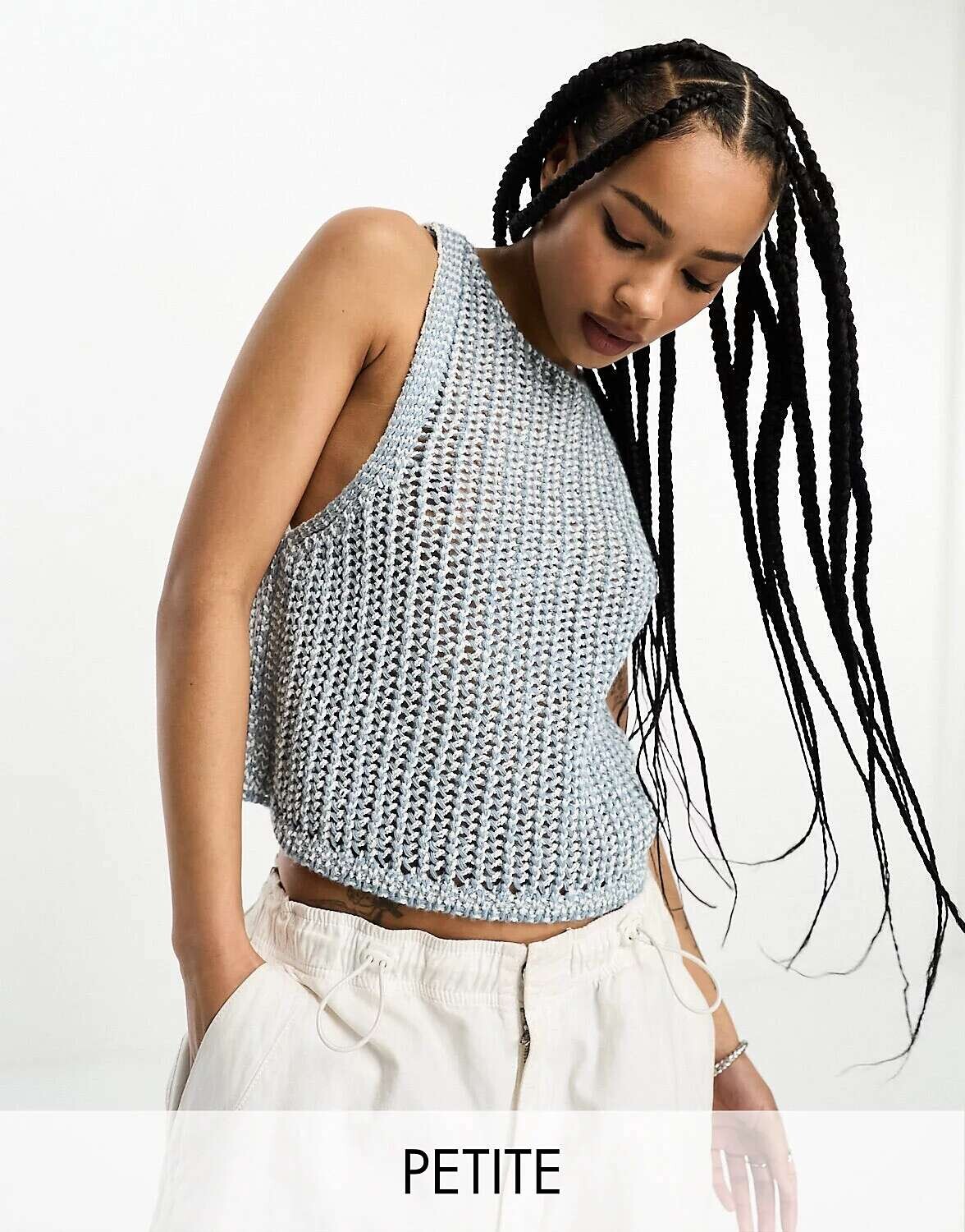

ASOS DESIGN Petite свободная трикотажная майка с открытой строчкой синего цвета