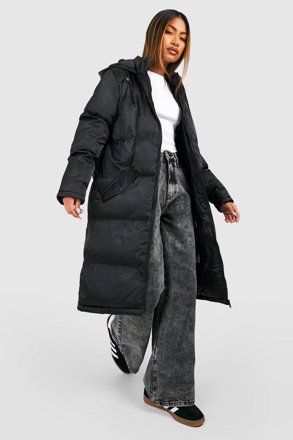 Удлиненная стеганая куртка с капюшоном boohoo, черный