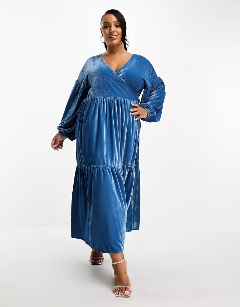 Синее бархатное платье миди с запахом ASOS DESIGN Curve