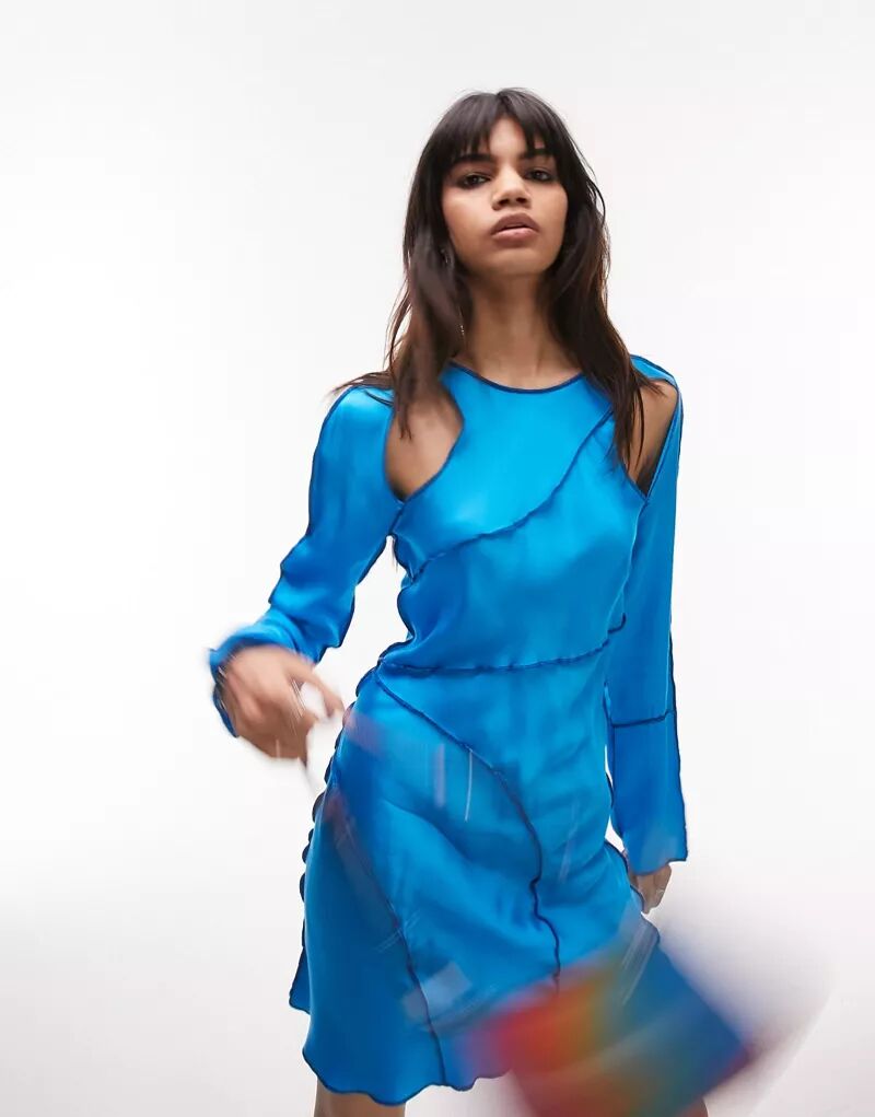 Голубое кобальтовое платье мини с длинными рукавами и ажурной отделкой Topshop цена и фото