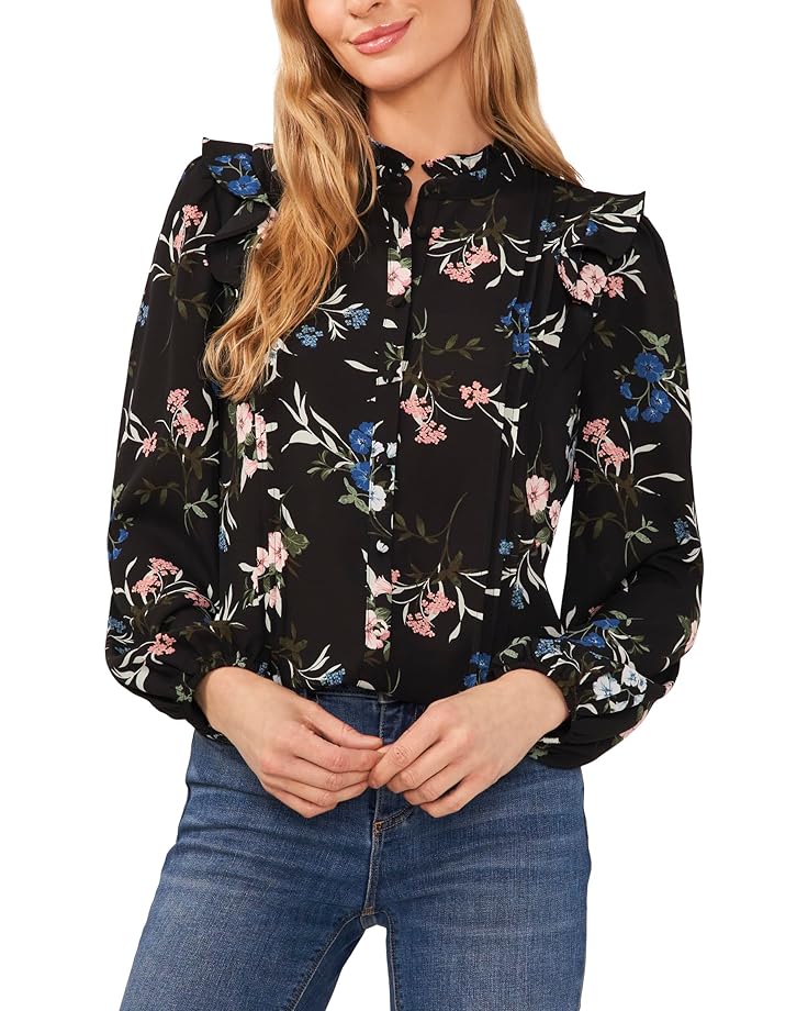 цена Блуза CeCe Floral Button-Up Pin Tuck Long Sleeve, цвет Rich Black
