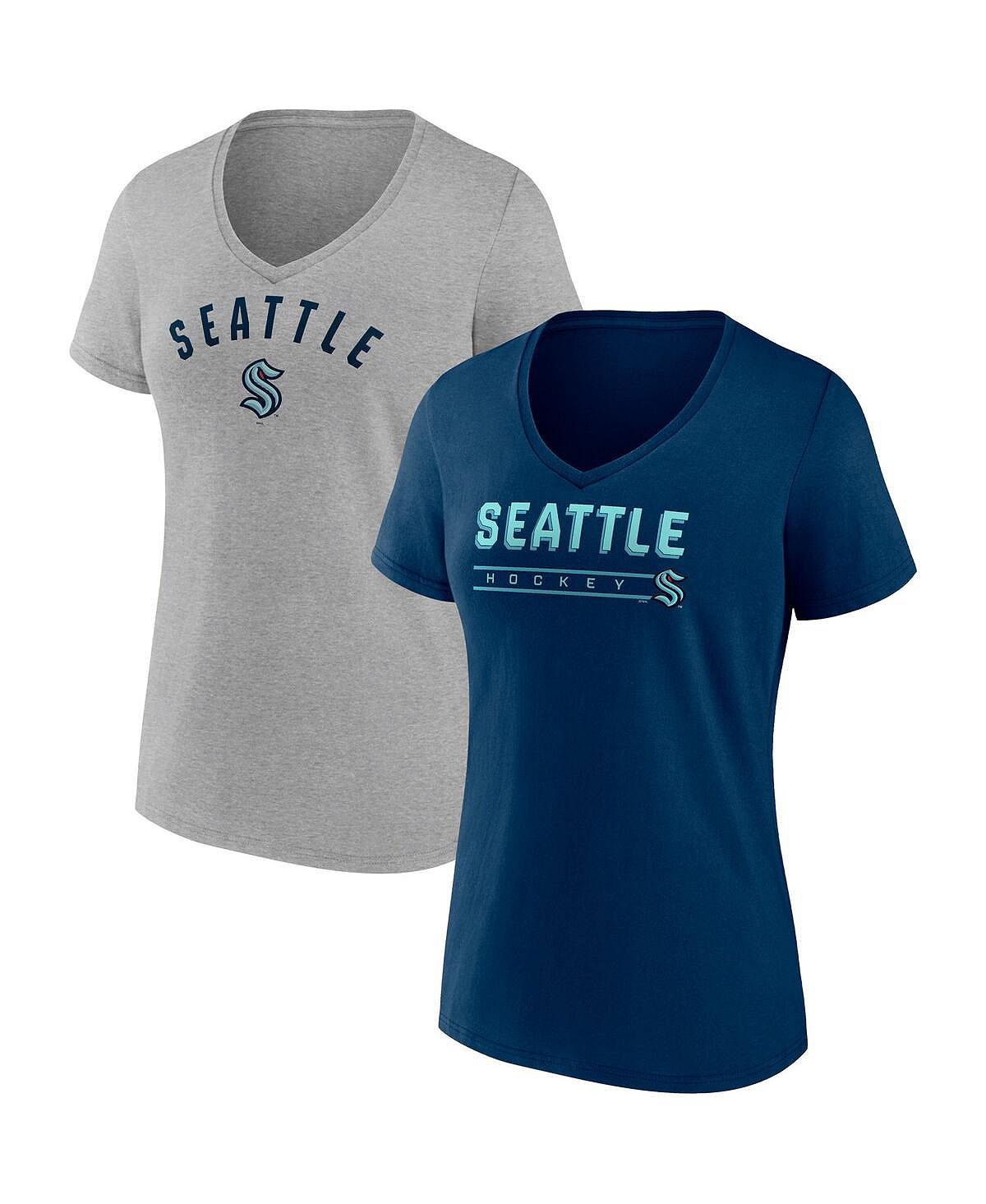 Женский комплект из 2 футболок с v-образным вырезом с фирменным логотипом Seattle Kraken для родителей Deep Sea, серого цвета Fanatics