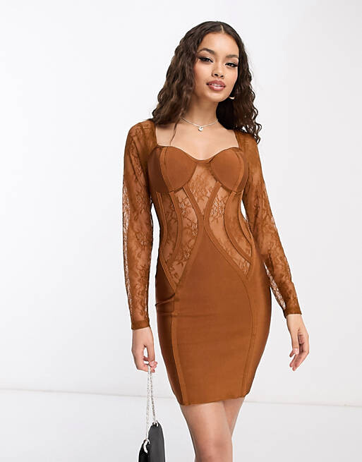 

Коричневое платье мини с кружевными вставками и тесьмой ASOS DESIGN Petite