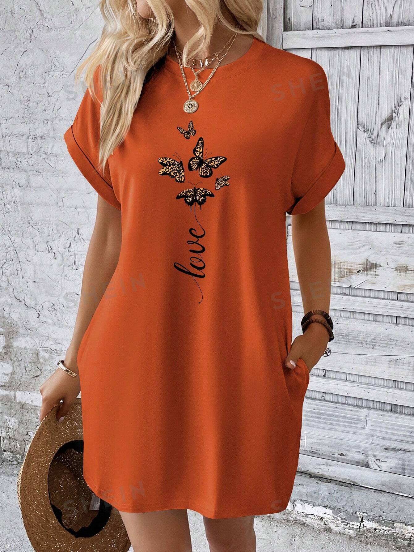 цена SHEIN LUNE Женское платье-футболка с рукавами «летучая мышь» и принтом бабочки, жженый апельсин