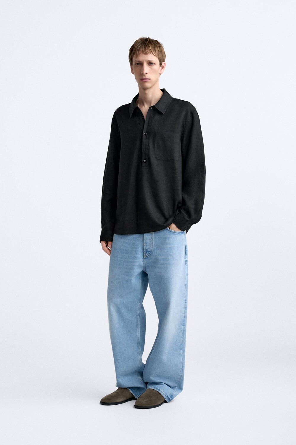 

Рубашка прямого кроя с воротником из льняной ткани ZARA, черный