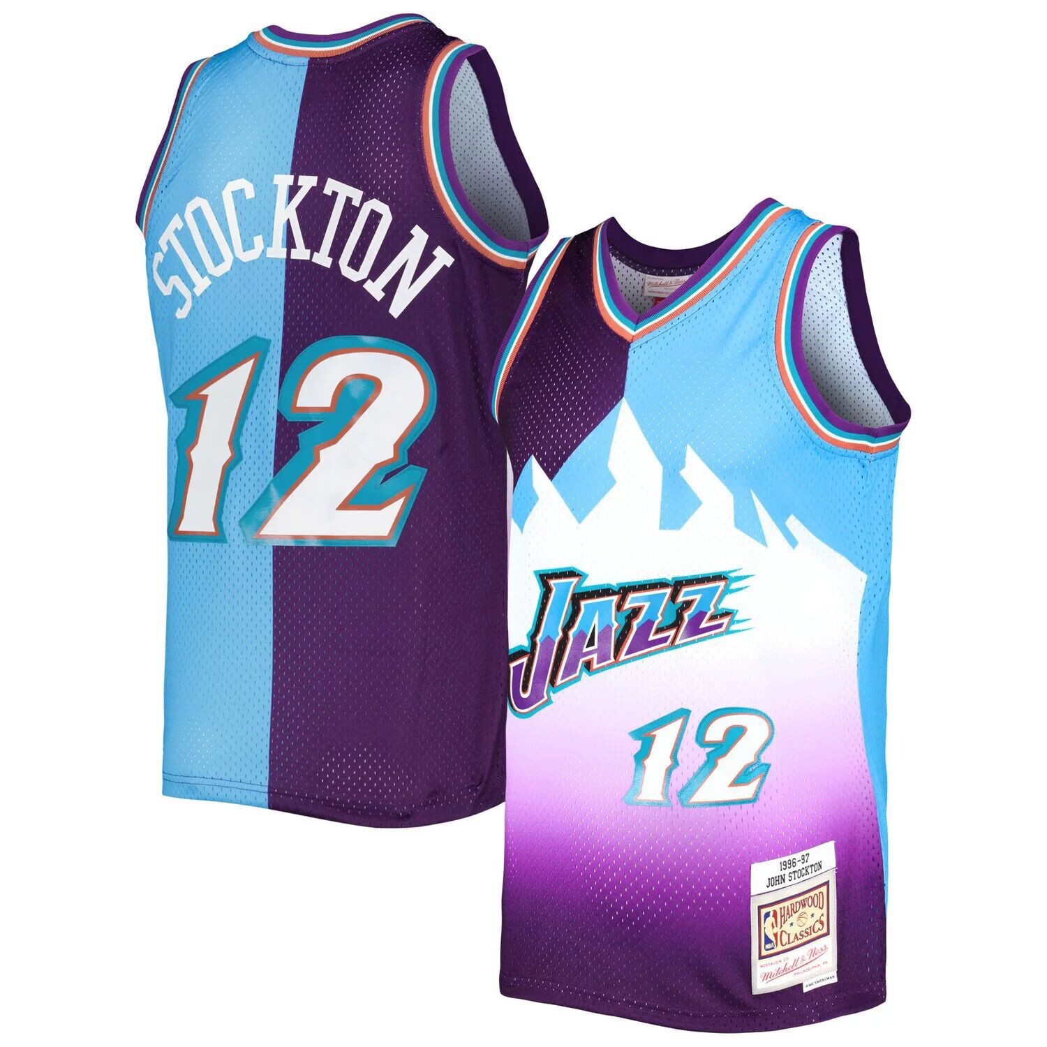 

Мужская майка Mitchell & Ness John Stockton фиолетового/бирюзового цвета Utah Jazz Hardwood Classics 1996-97 Split Swingman, Фиолетовый