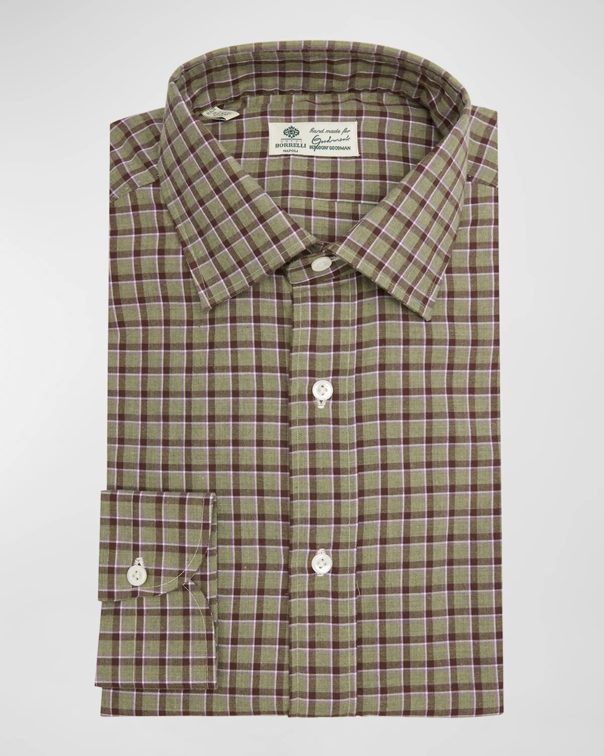 

Мужская хлопковая классическая рубашка в клетку Borrelli, цвет Greenbrown