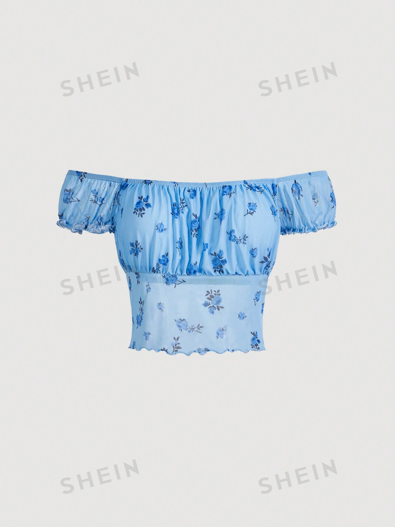 SHEIN Qutie узкая футболка с открытыми плечами и цветочным принтом в стиле пэчворк, голубые
