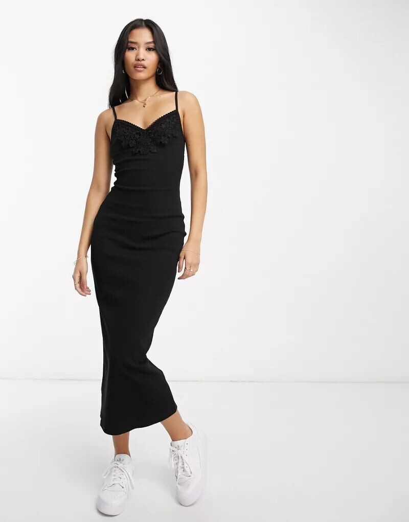 

Черное платье миди на бретельках с кружевной отделкой Miss Selfridge