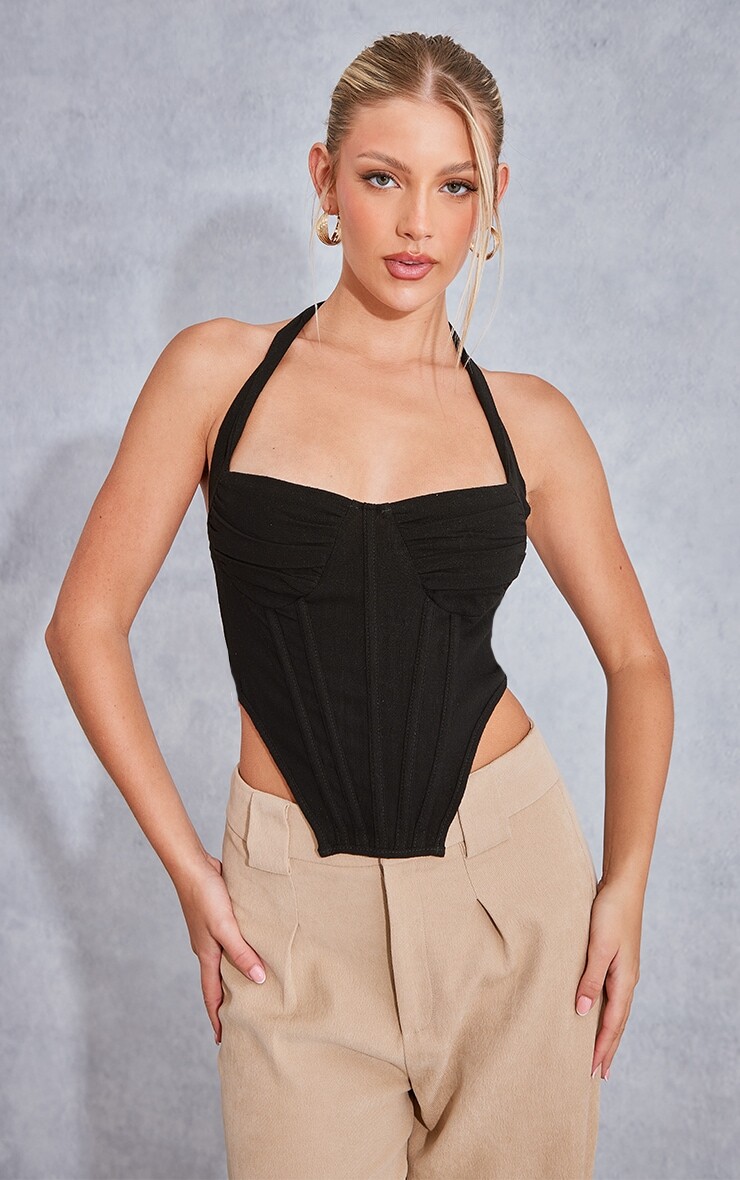 

PrettyLittleThing Глубокий черный льняной корсетный топ с рюшами и бретелькой на шее