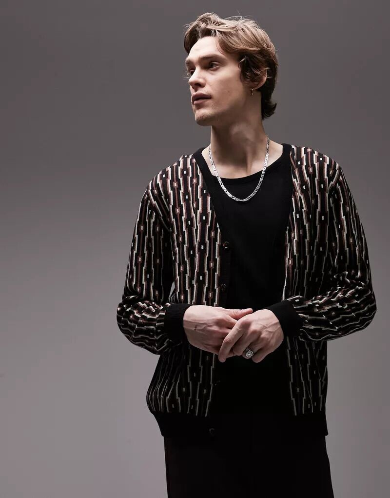 

Коричневый кардиган с геометричным принтом Topman