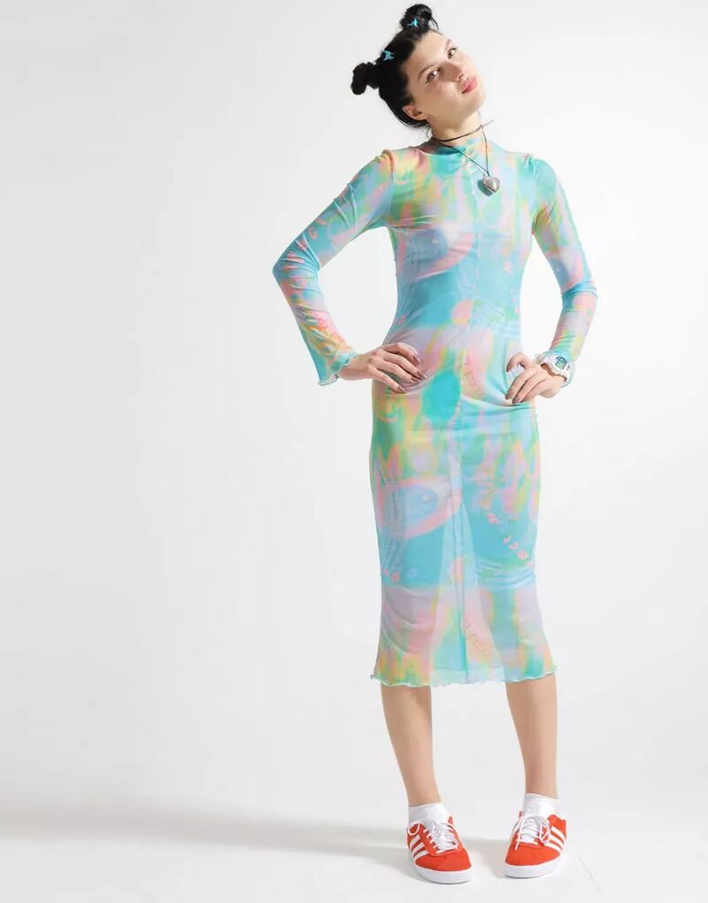 Пастельное разноцветное платье миди с длинными рукавами и графическим рисунком Elsie & Fred