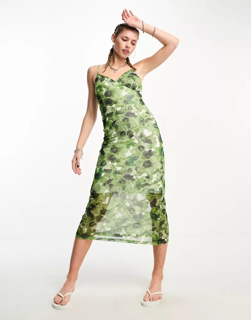 цена Зеленое сетчатое платье макси с цветочным принтом Noisy May