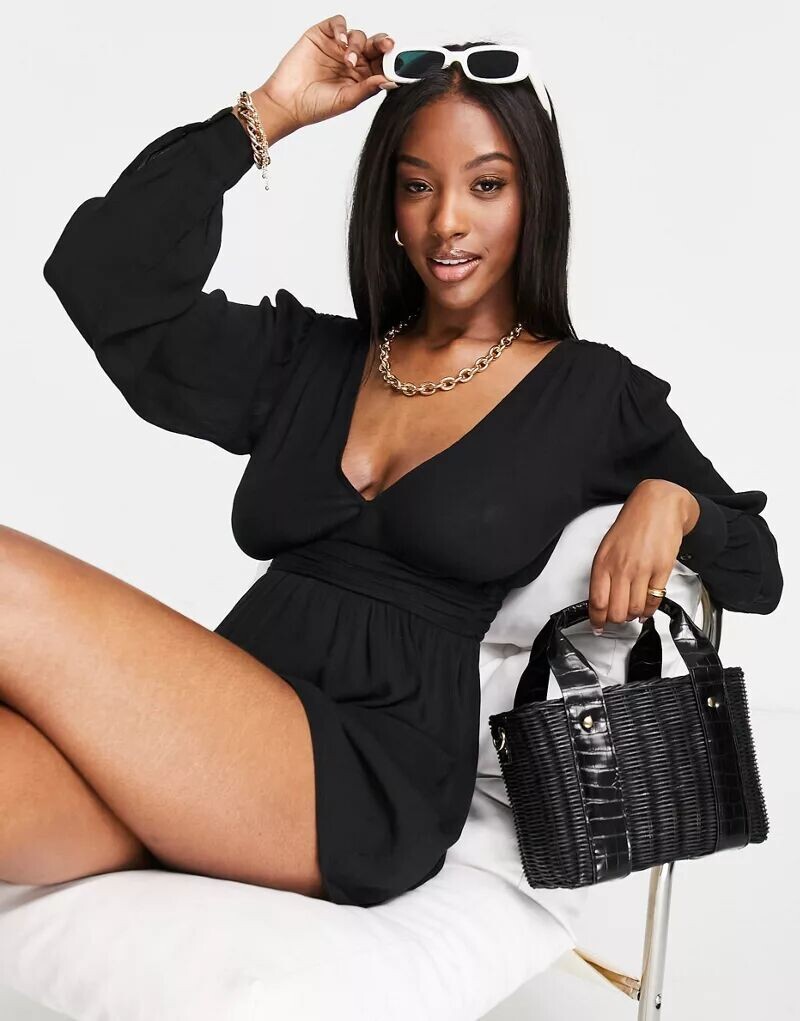 

Черный пляжный комбинезон с глубоким вырезом и длинными рукавами ASOS