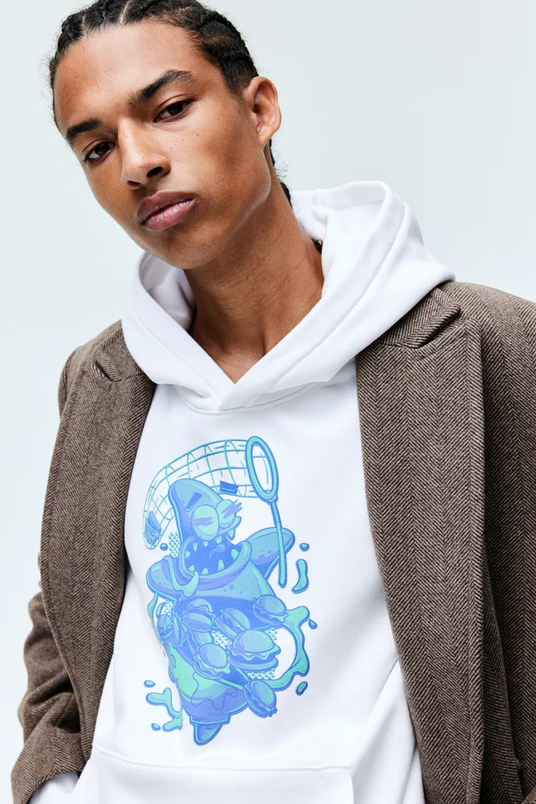

Толстовка oversized fit с капюшоном и принтом H&M, белый
