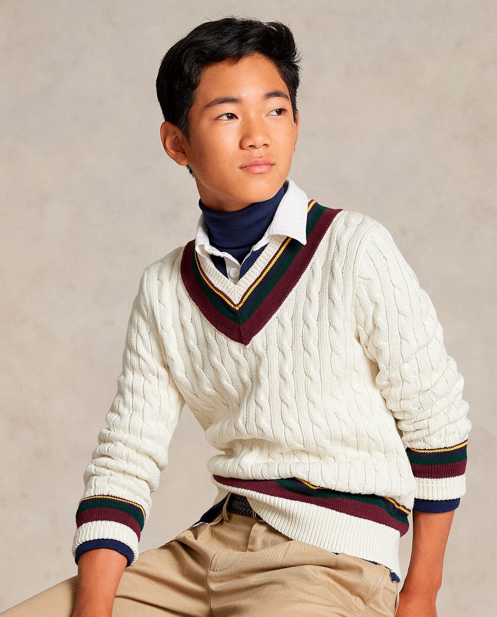 

Хлопковый свитер с V-образным вырезом для мальчика Polo Ralph Lauren, кремовый