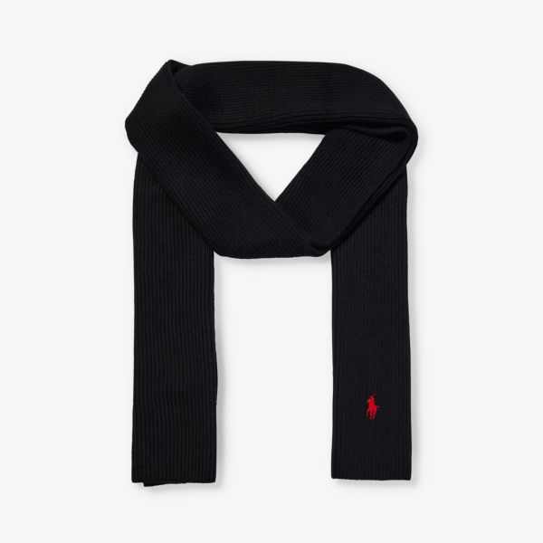 Шерстяной шарф в рубчик с фирменной вышивкой Polo Ralph Lauren, черный