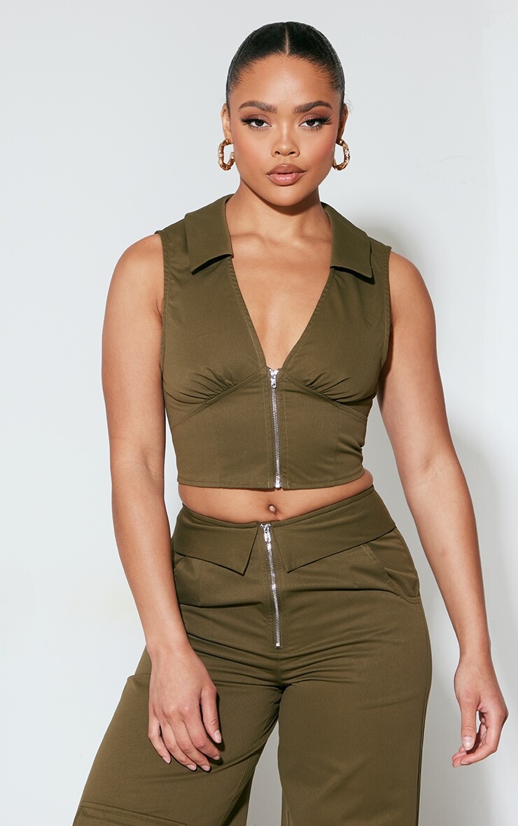 

PrettyLittleThing Корсетный топ цвета хаки с тканой молнией спереди и вставками