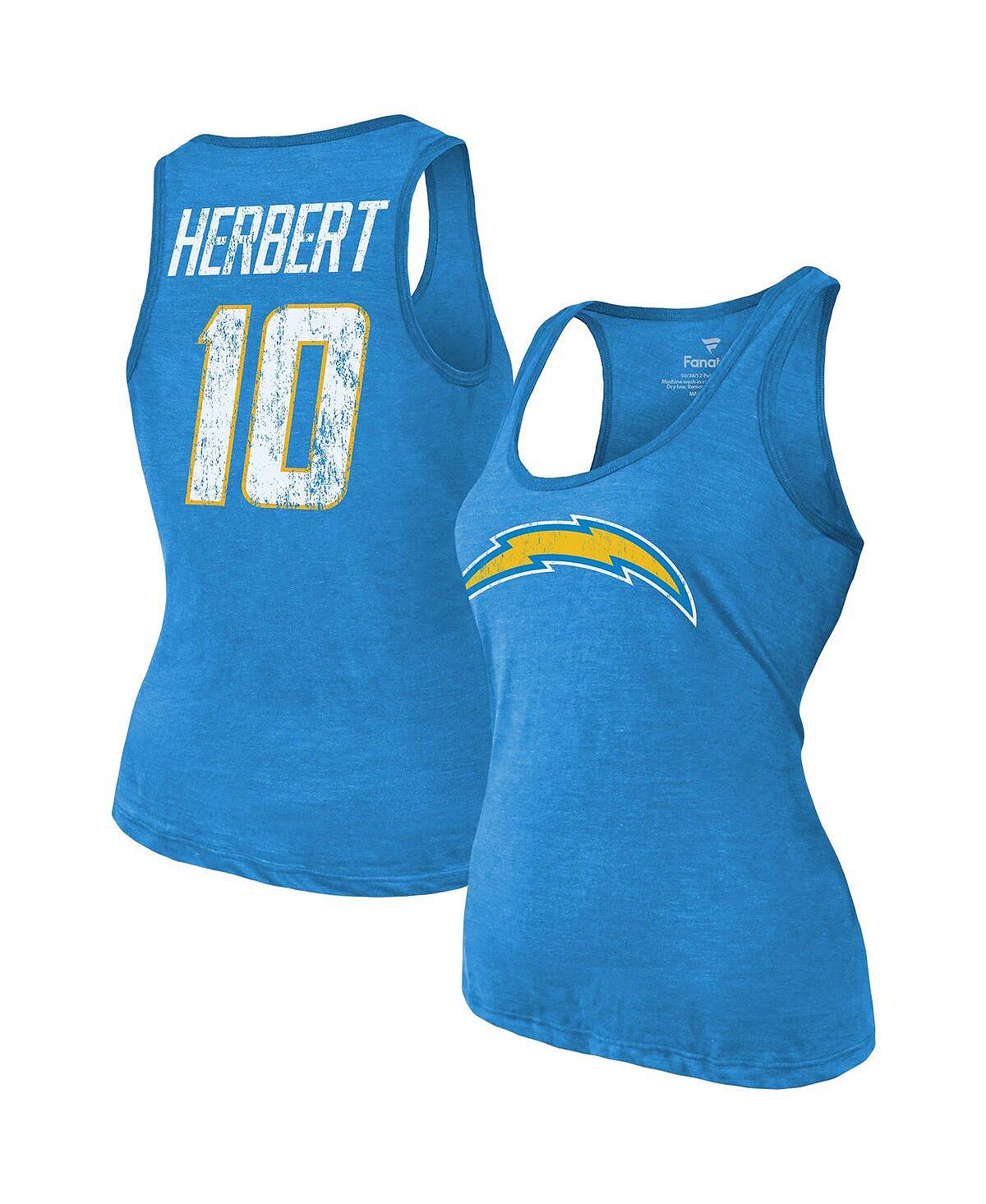 

Женские нитки Justin Herbert Heathered Powder Blue Los Angeles Chargers Имя и номер Майка Tri-Blend Majestic