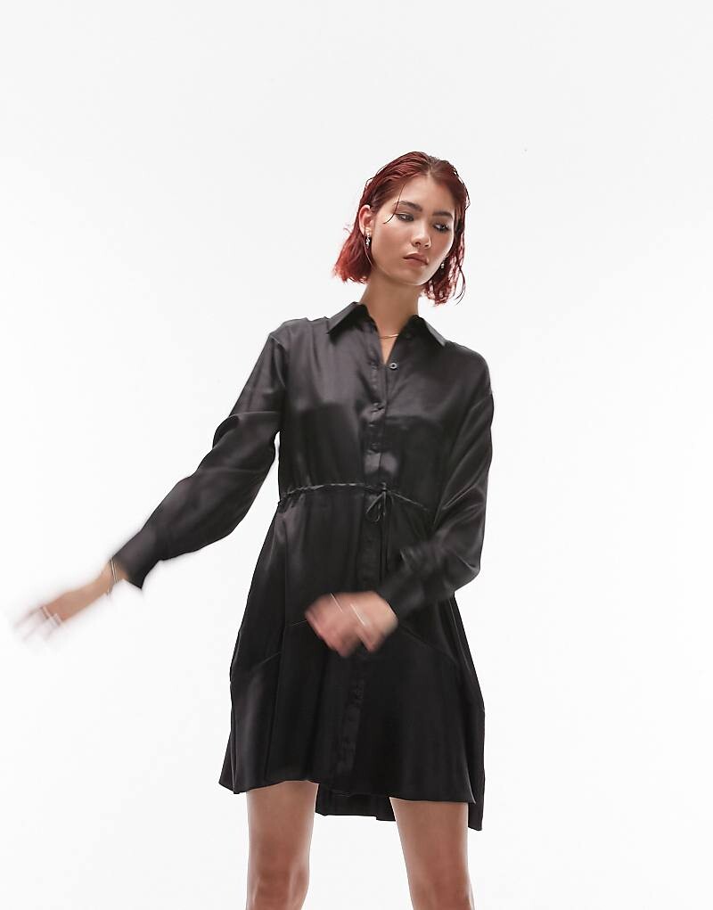 

Черное атласное платье-рубашка Topshop Tall с завязками