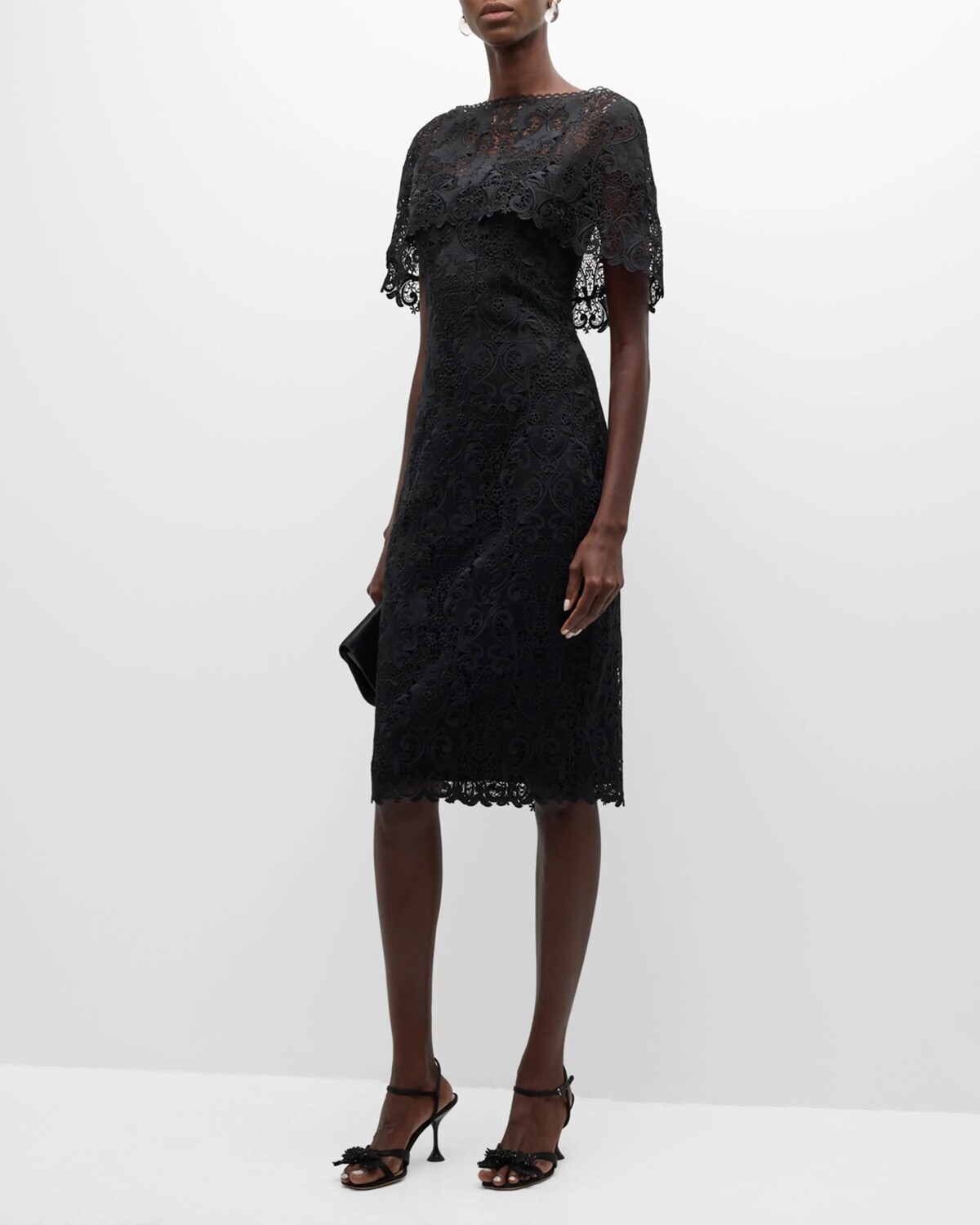 

Кружевное платье миди с накидками и цветочным принтом Badgley Mischka Collection, цвет Black