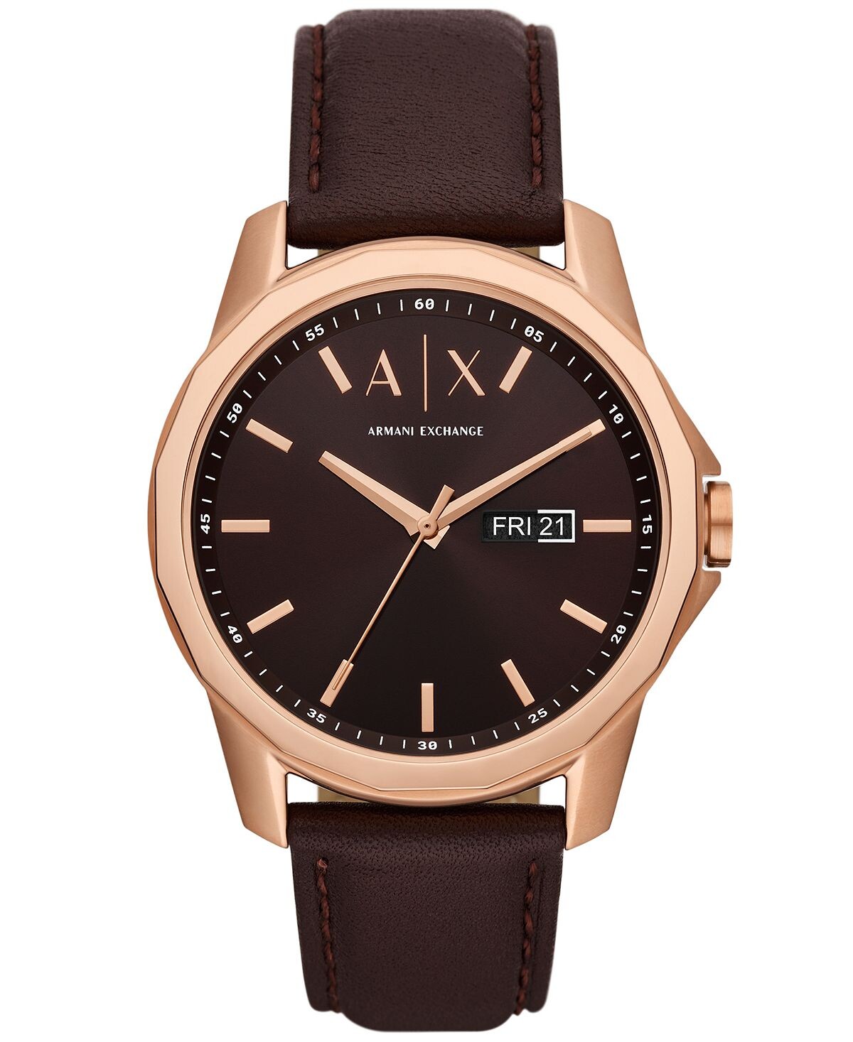 

Мужские кварцевые коричневые кожаные часы Day-Date с тремя стрелками, 44 мм Armani Exchange