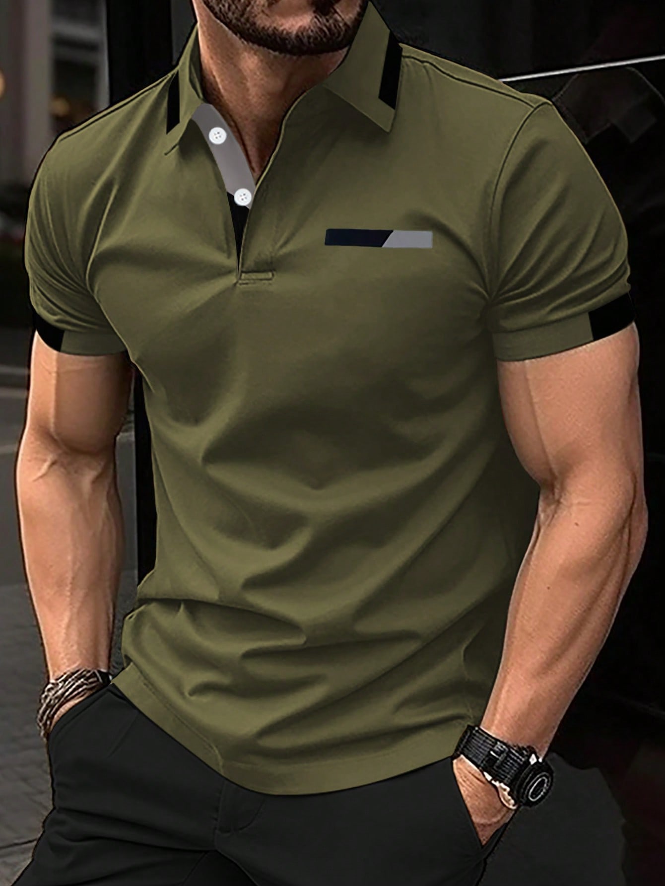 Мужская рубашка поло с короткими рукавами Manfinity с цветными блоками, армейский зеленый
