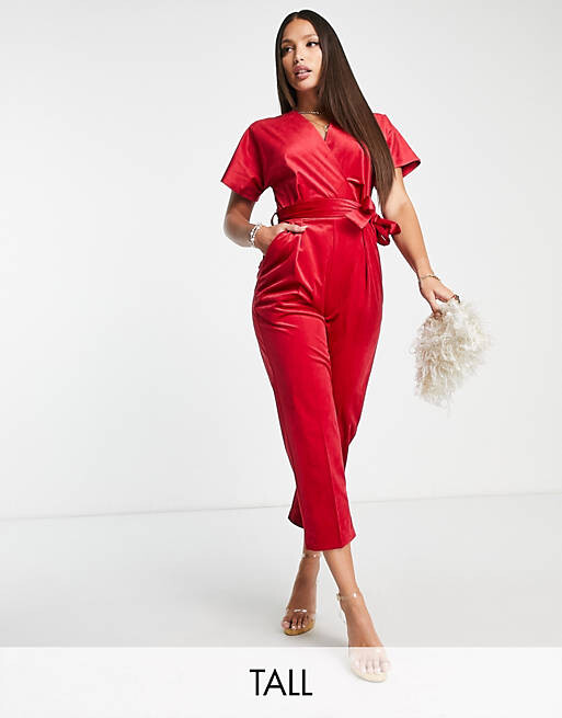 

Красный бархатный комбинезон с запахом Closet London Tall