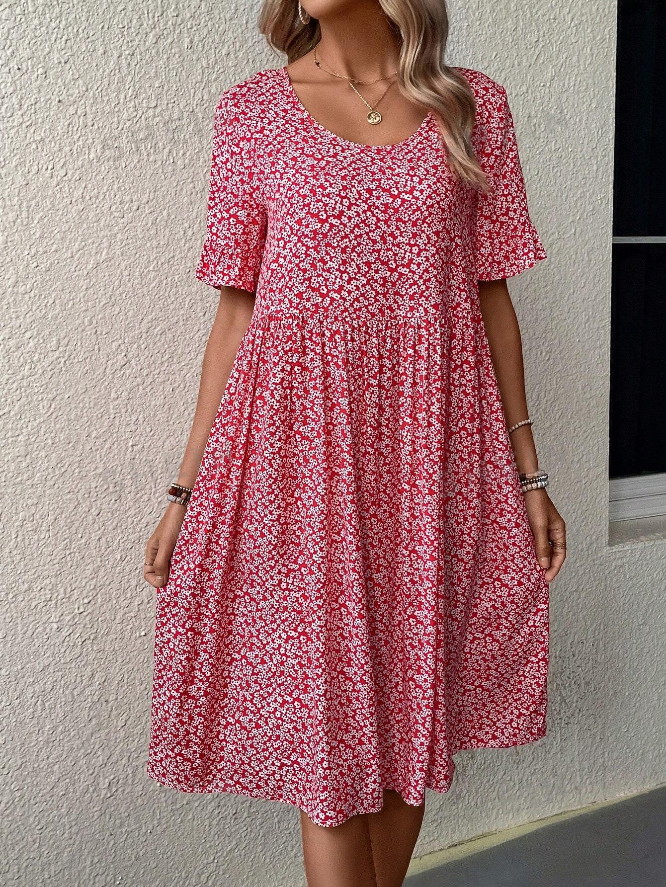 SHEIN LUNE Розовое женское платье свободного кроя с цветочным принтом Romantic Vacation, красный женское платье макси с коротким рукавом фонариком круглым вырезом и оборками