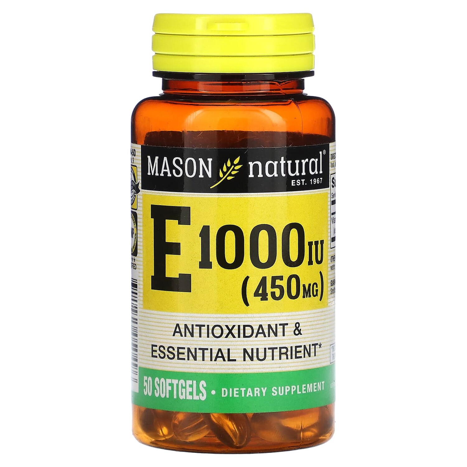 

Витамин E, 450 мг (1000 МЕ), 50 мягких таблеток, Mason Natural