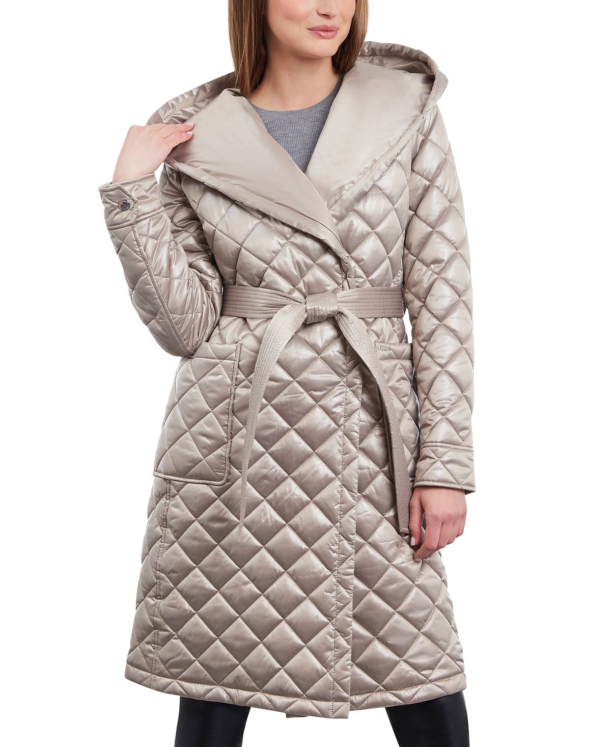 Женское стеганое пальто с капюшоном и поясом Michael Kors