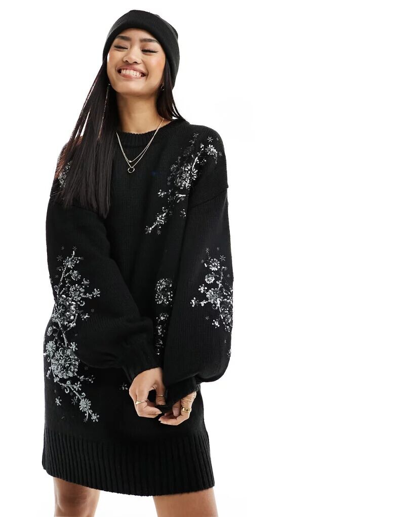 

Черное трикотажное платье мини с декором River Island