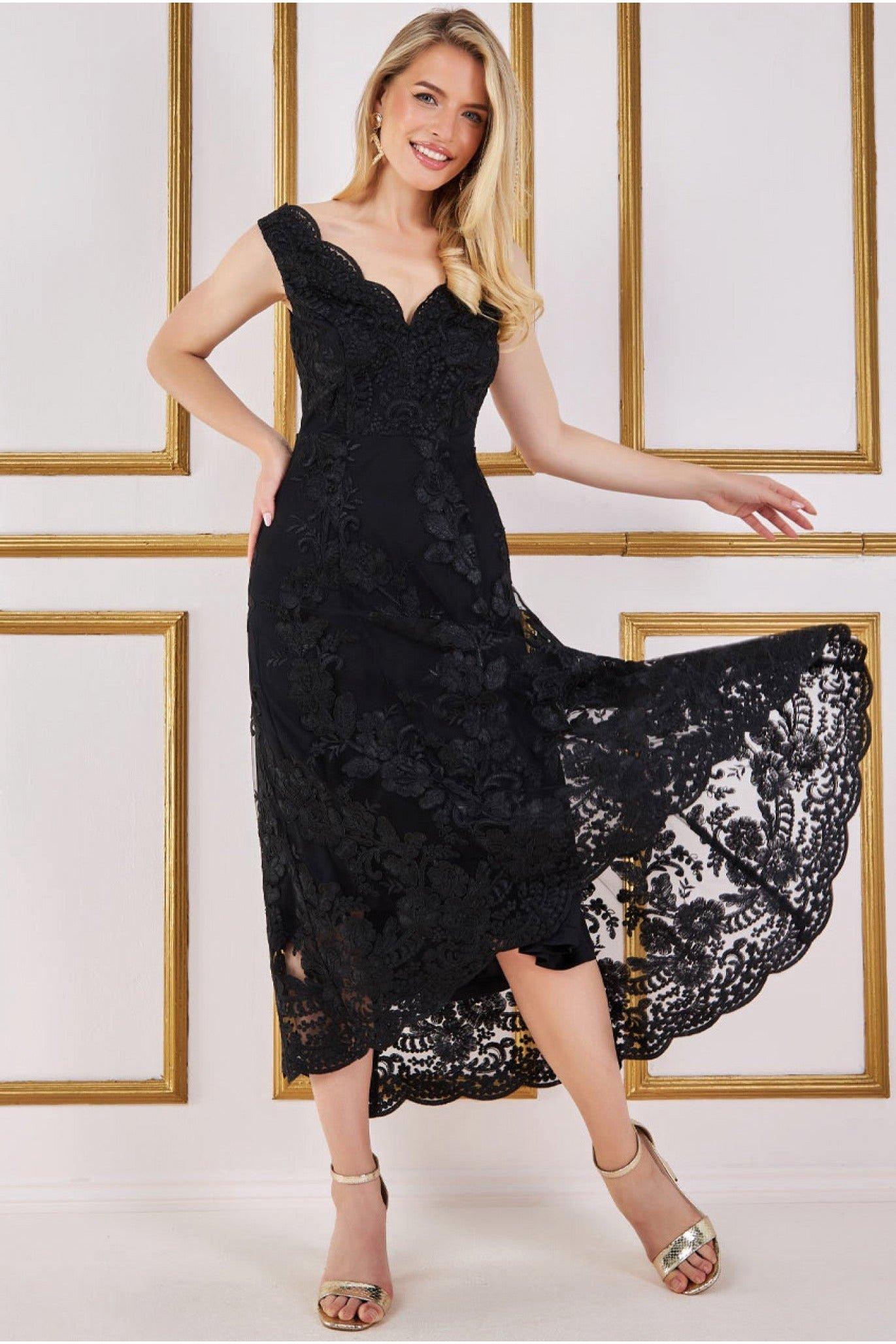 Кружевное платье миди с фестончатым вырезом Goddiva, черный платье макси с фестончатым кружевом goddiva черный
