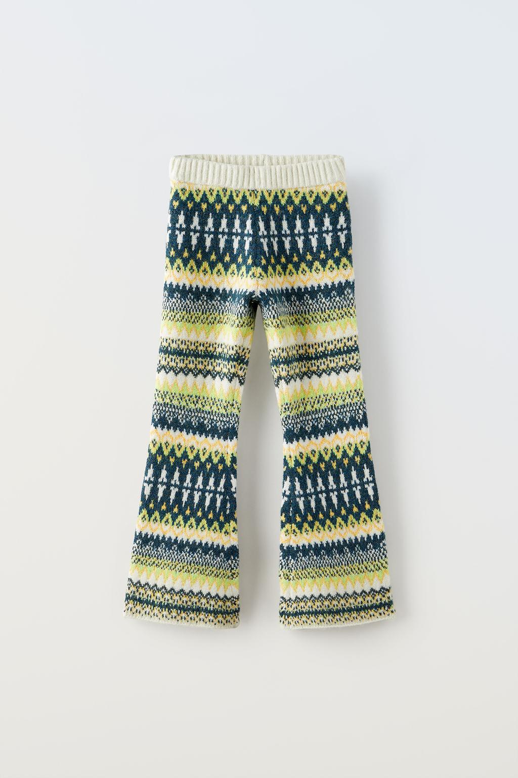 Жаккардовые трикотажные брюки – лыжная коллекция ZARA, экрю/зеленый