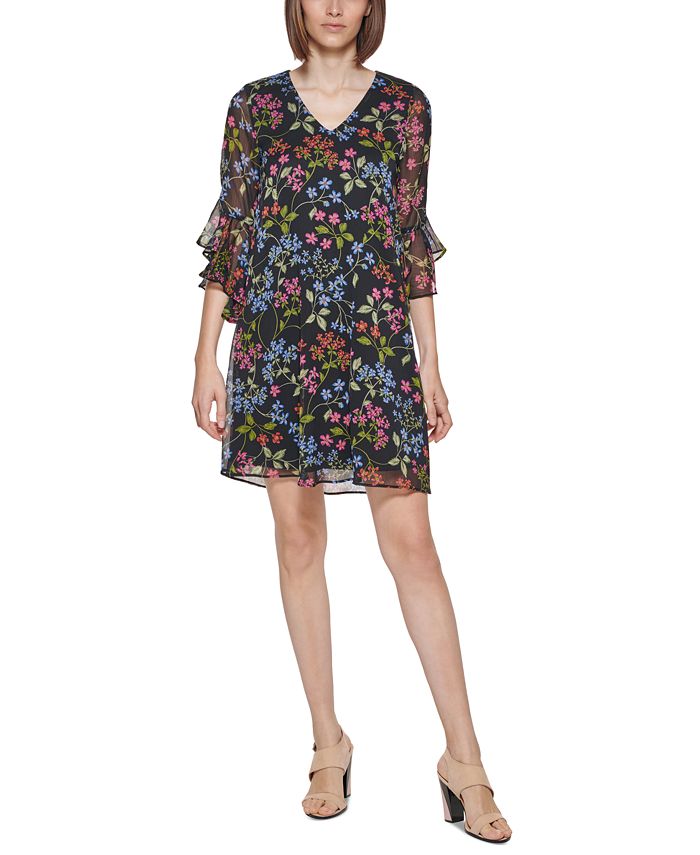 Женское шифоновое платье с рукавом 3/4 с принтом Calvin Klein, цвет Black Berry Multi шифоновое платье миди с цветочным принтом длинным рукавом и оборками