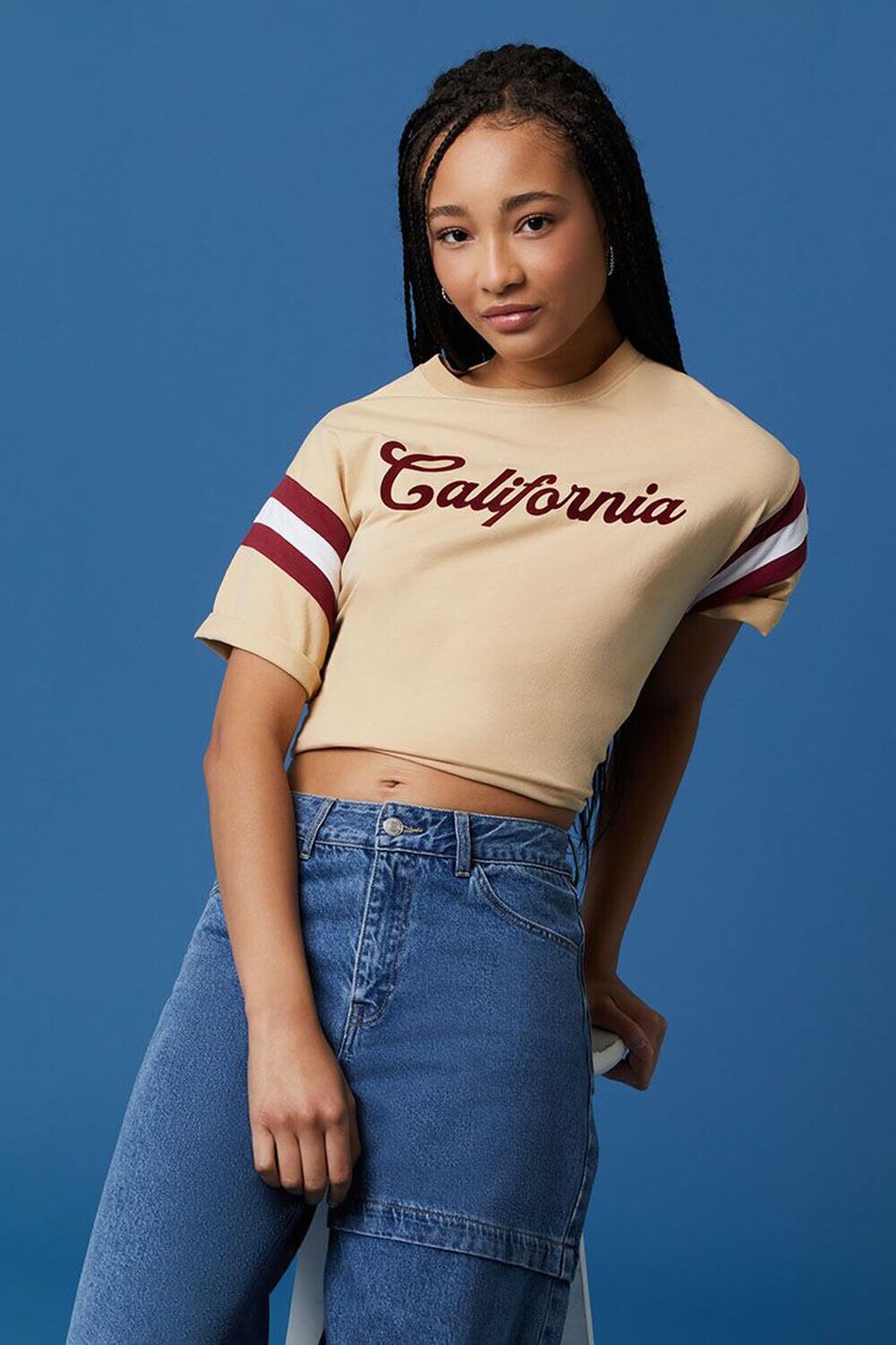 

Футболка в полоску с рисунком California в университетскую полоску Forever 21, бежевый