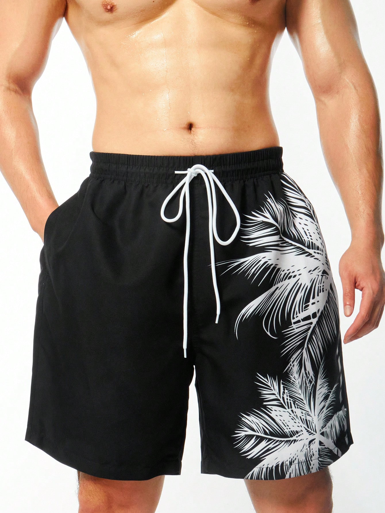 Мужские пляжные шорты Manfinity больших размеров с принтом кокосовой пальмы и завязками на талии, черный