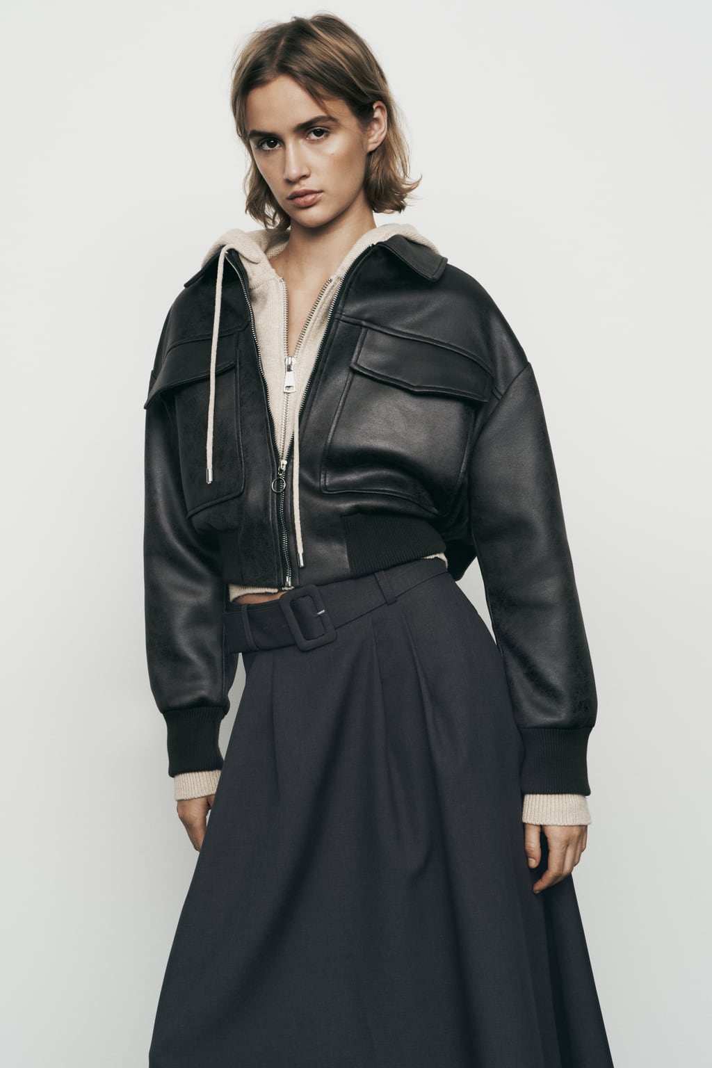 

Бомбер с кожаным эффектом ZARA, коричневый