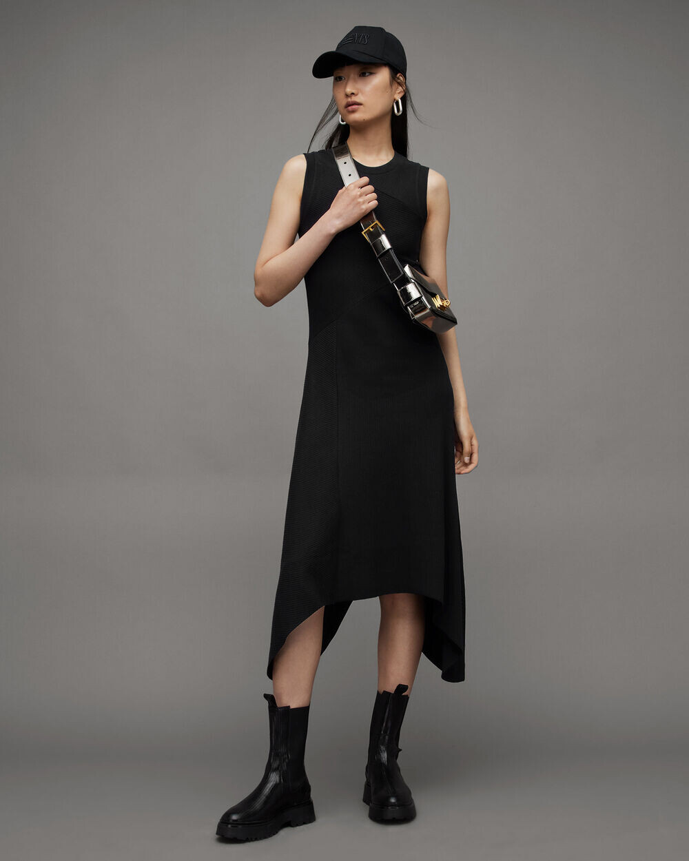 

Асимметричное платье миди Gia в рубчик AllSaints, черный