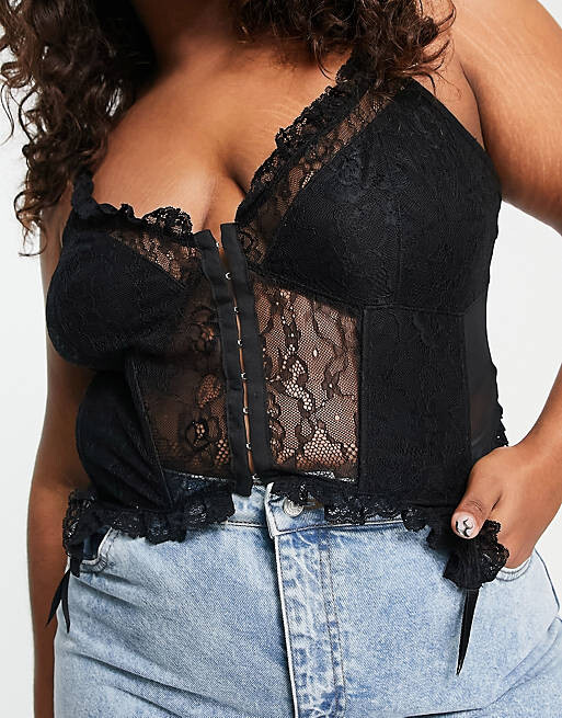 

Черный кружевной корсетный топ с подтяжками ASOS DESIGN Curve
