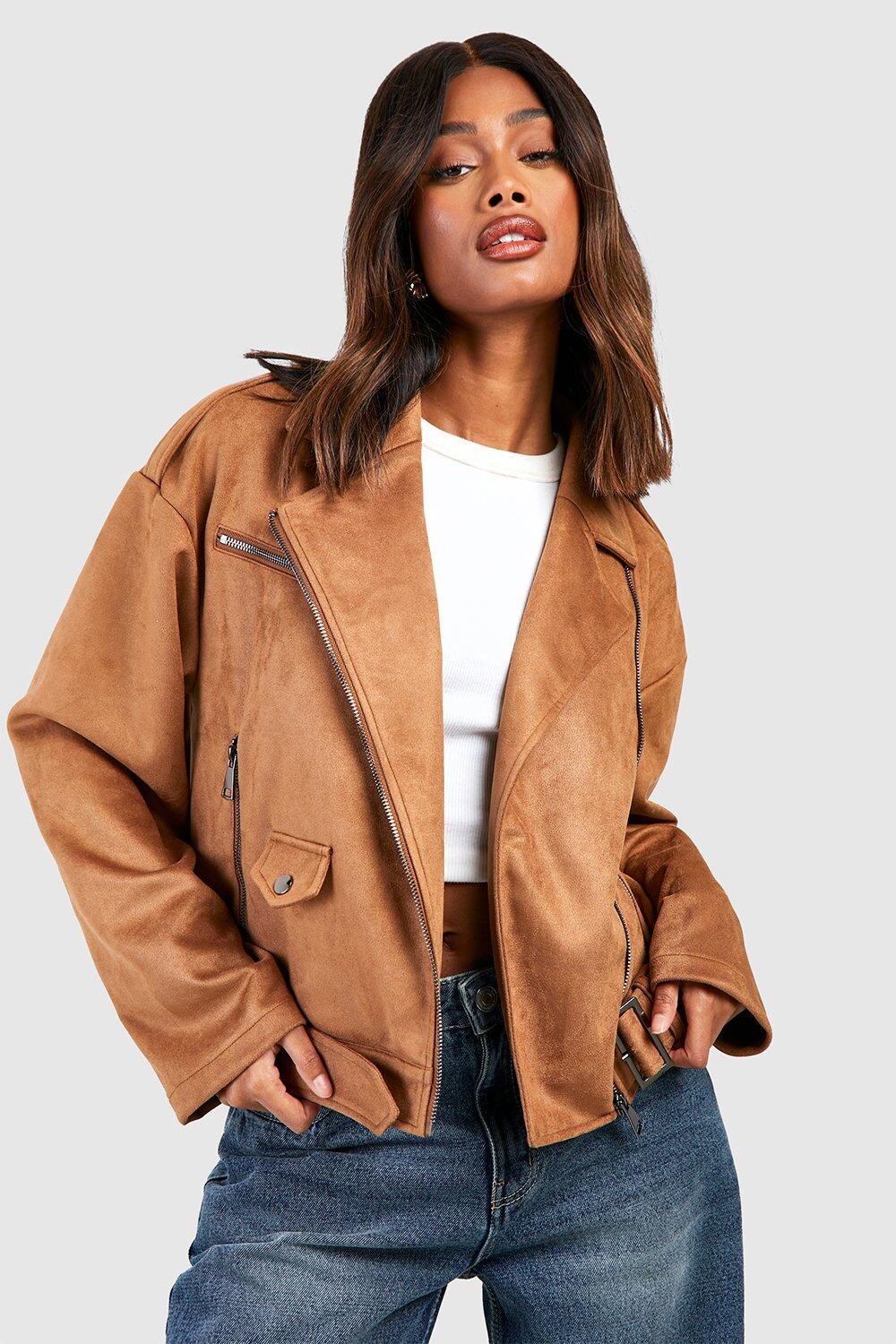 

Байкерская куртка оверсайз из искусственной замши boohoo, коричневый