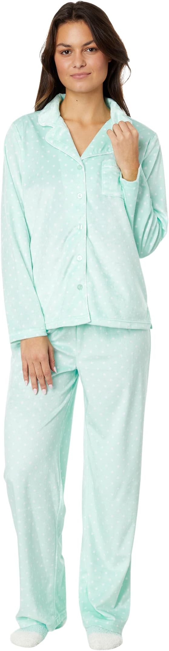 Новинка: флисовый пижамный комплект Minky с длинными рукавами для подруги и носками Karen Neuburger, цвет Mint Pin Dot