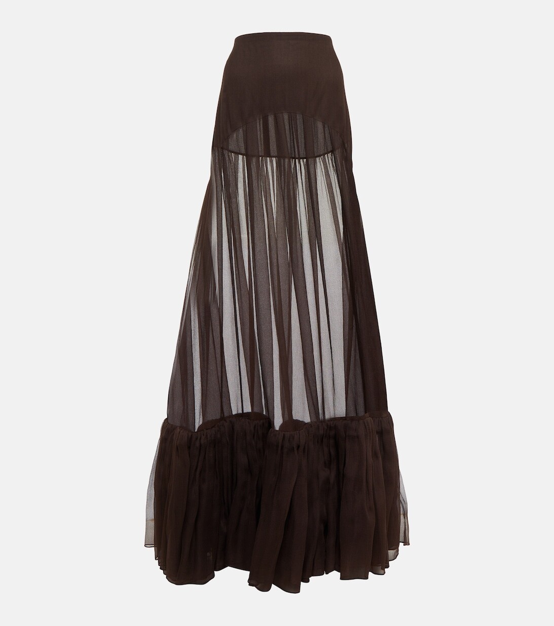 

Юбка макси из шелка с оборками SAINT LAURENT, коричневый