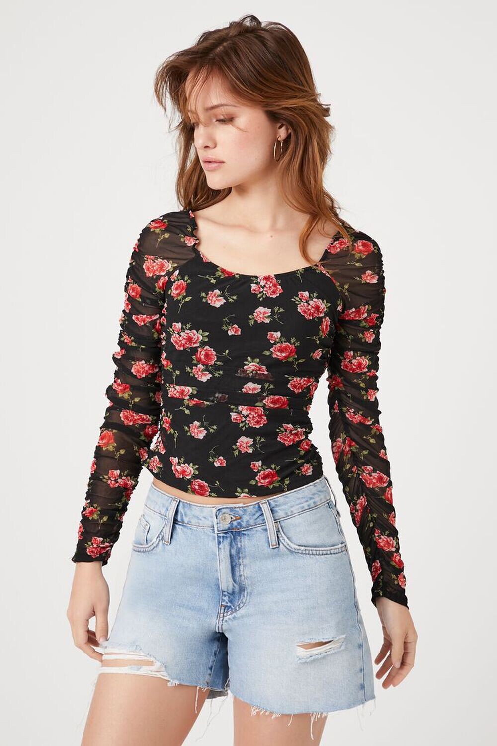 

Сетчатый топ с цветочным принтом Forever 21, черный