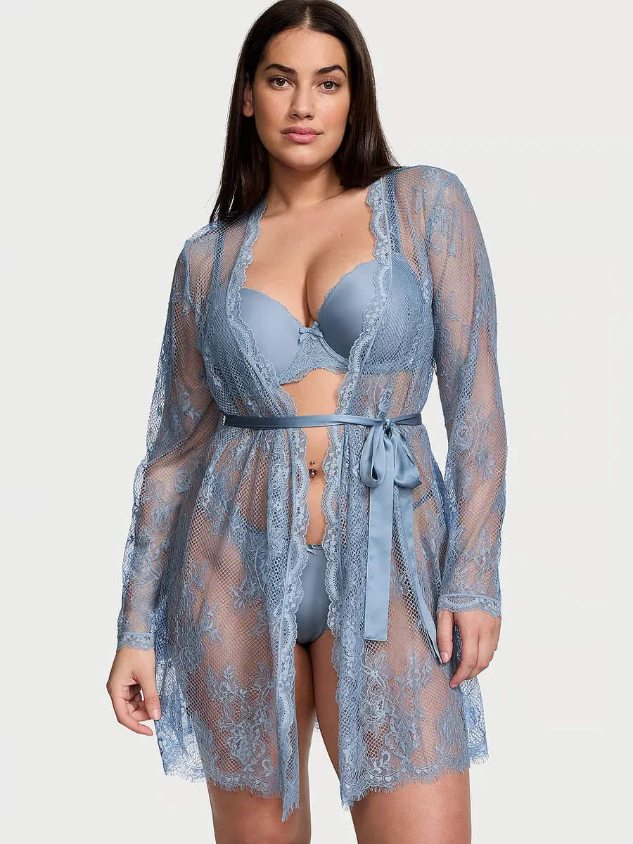 

Кружевной халат в сеточку с цветочным принтом Victoria'S Secret, цвет Faded Denim