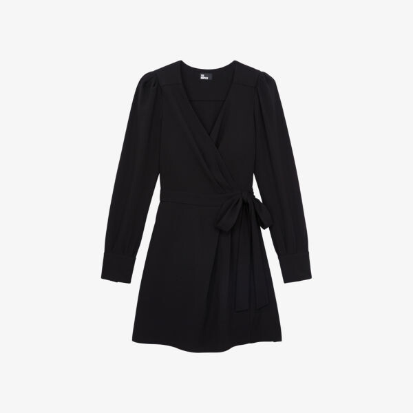 

Платье мини из эластичной ткани с пышными плечами и запахом The Kooples, черный