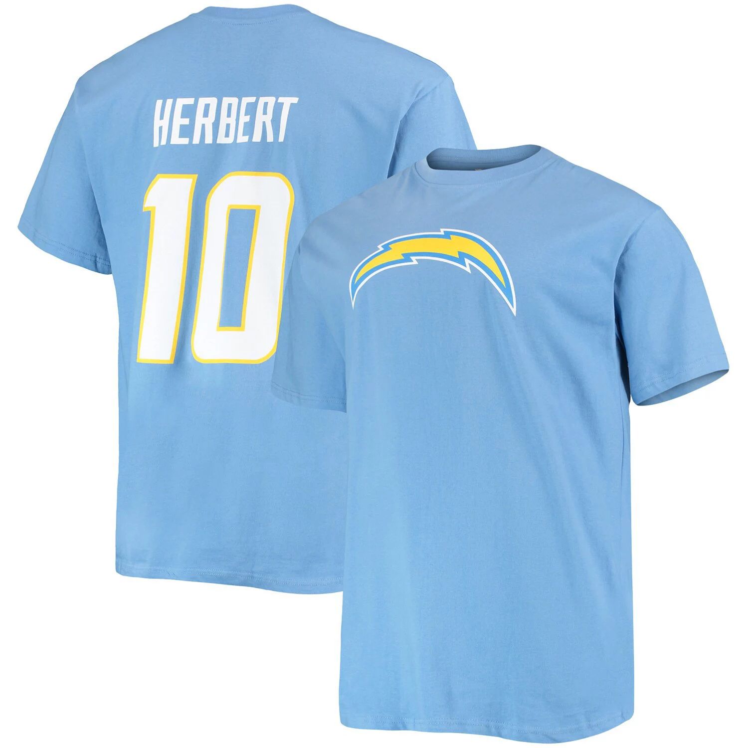 

Мужская футболка с логотипом Justin Herbert Powder Blue Los Angeles Chargers Big & Tall с именем и номером игрока Fanatics