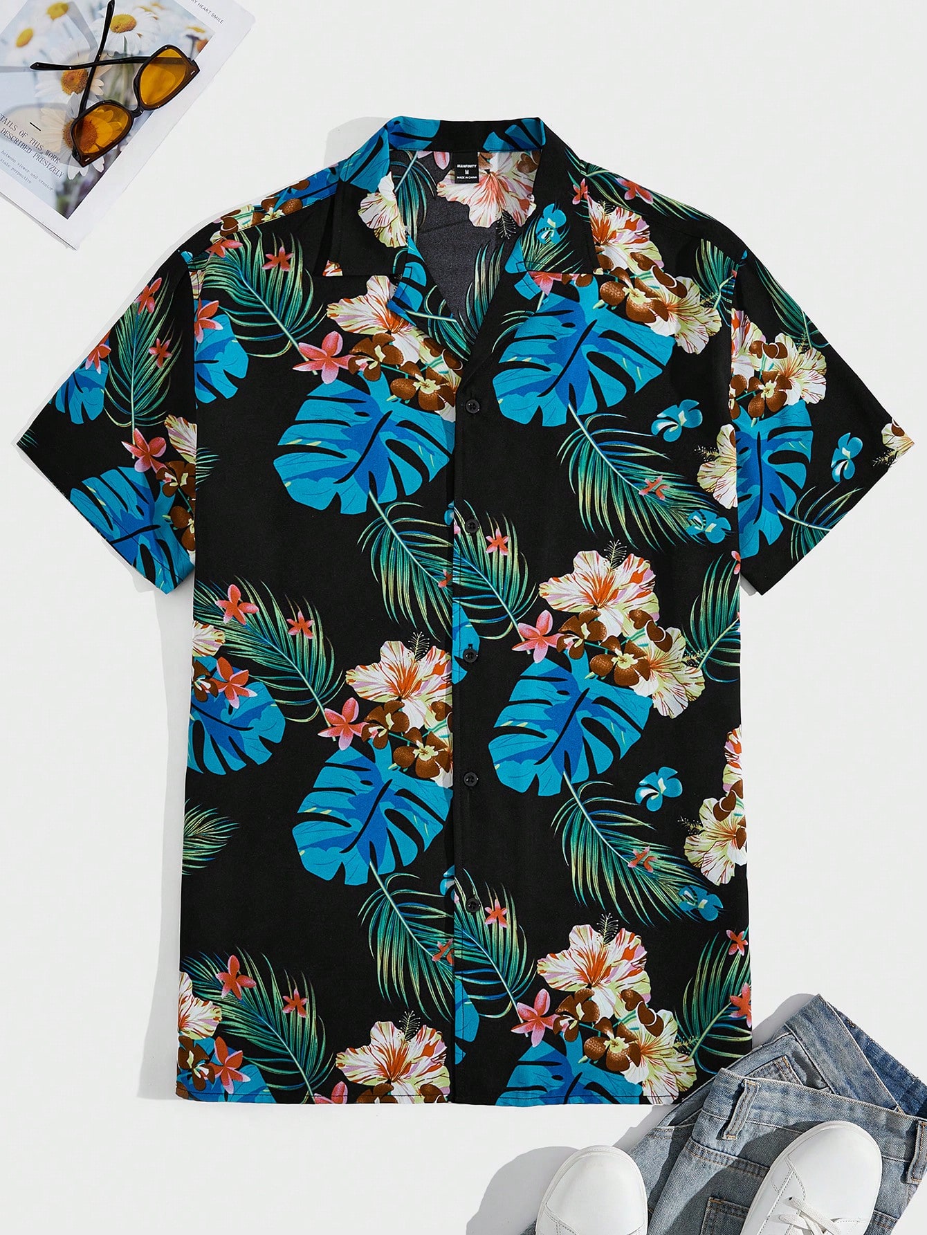 Мужская тканая рубашка с короткими рукавами и принтом тропических растений Manfinity RSRT, черный