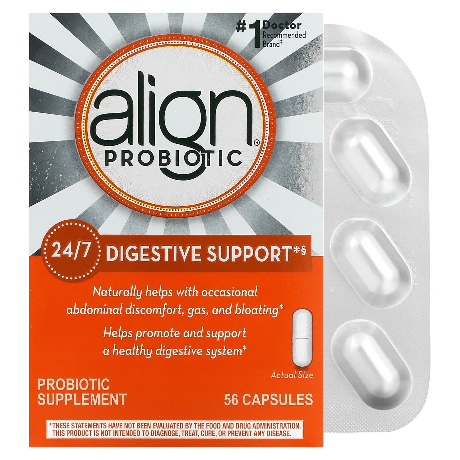 

Поддержка пищеварения 24/7, добавка с пробиотиками, 56 капсул, Align Probiotics